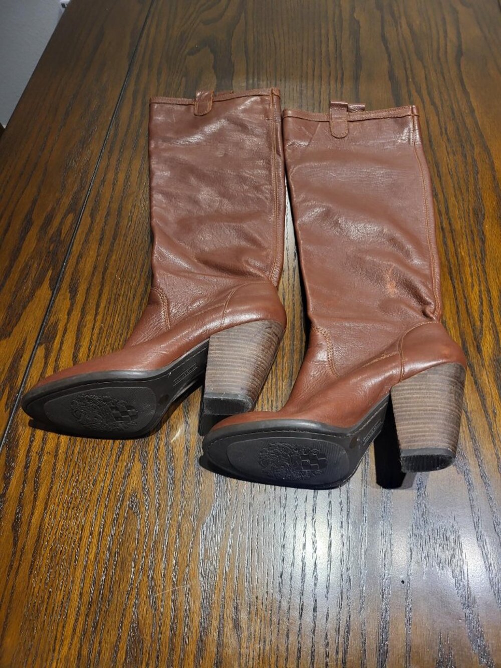 Vince Camuto Cognac Brown Leather Knee-High Boots Stacked Block Heel Size [8.5]